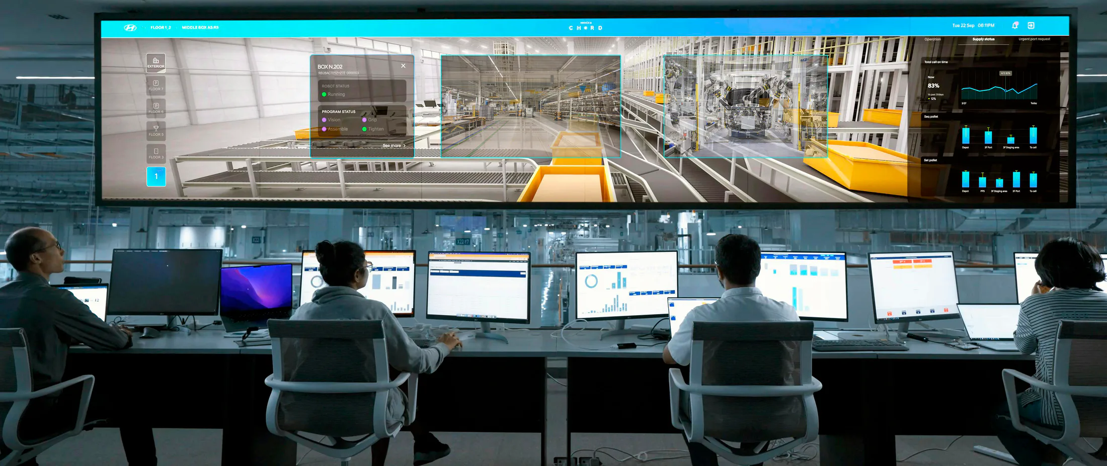 Operators working in front of a wide multi-window control-room video wall