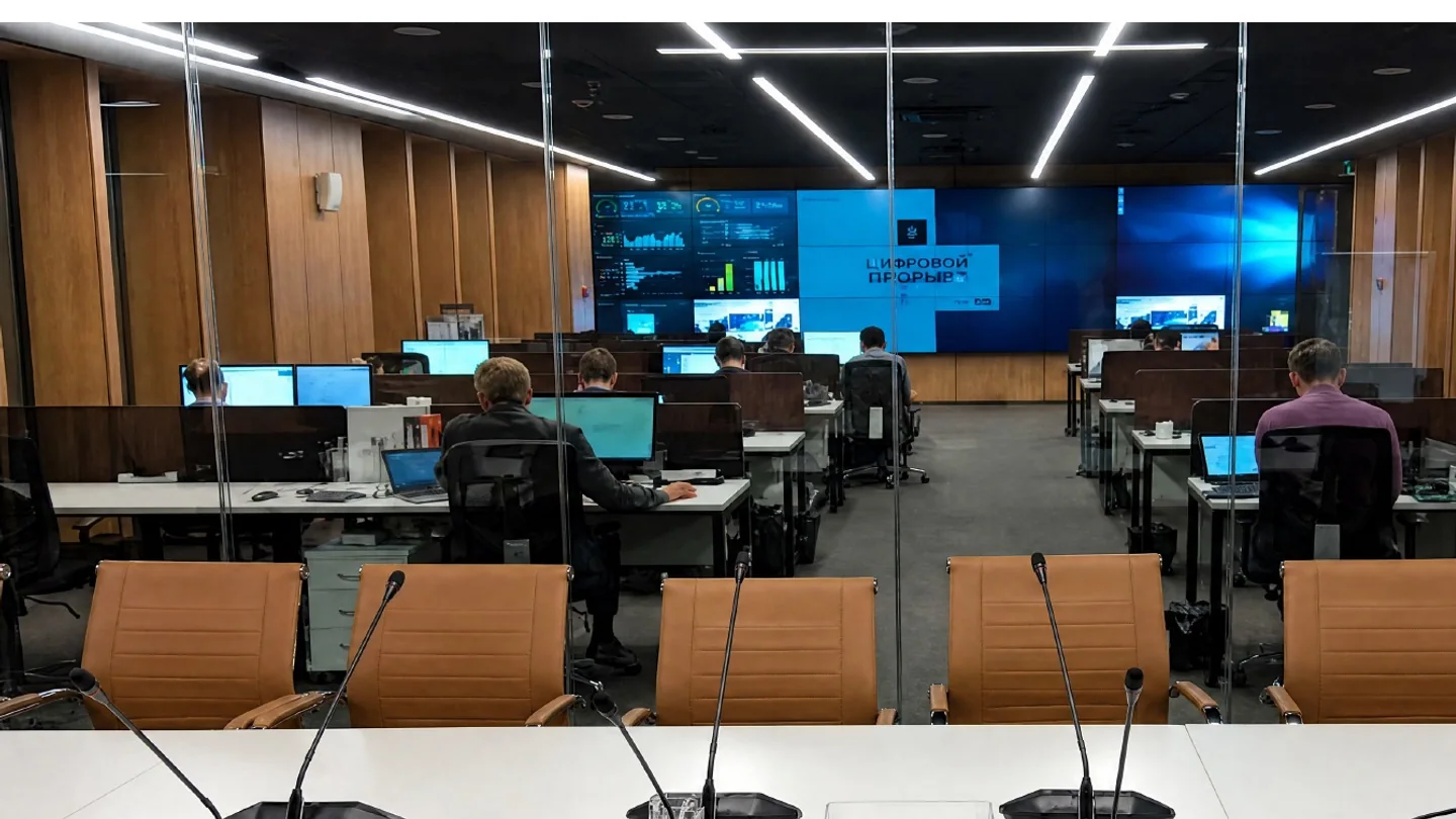 Cyber operations room with operators and a large multi-window video wall