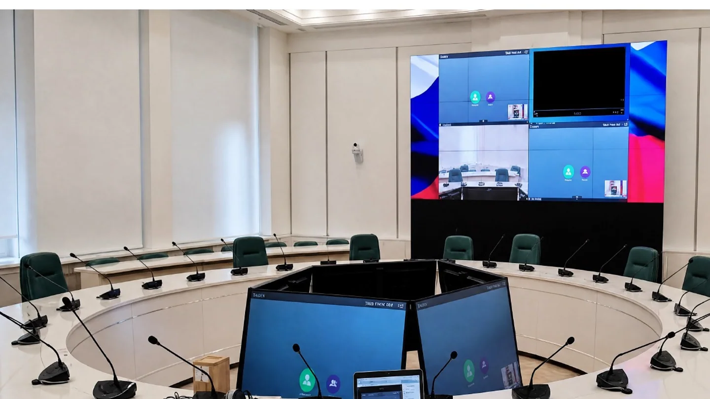 Situation room with conference displays and a multi-window video wall